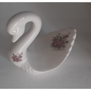 Vintage Athena Porcelain Swan Rose Spray Figurine U.S.A.